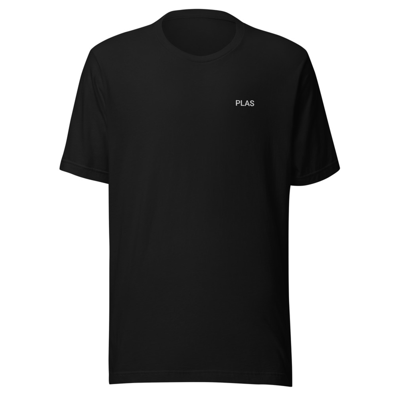 Black PLAS Shirt, front view (Printful product mockup).